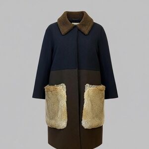 Hache Wool Coat Fur Pocket Collar Two Tone Black Brown Jacket